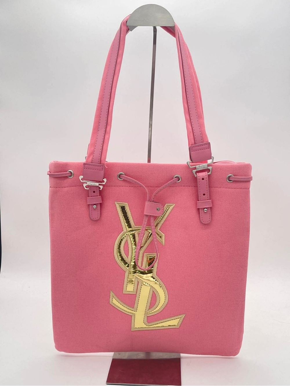 🩷 Yves Saint Laurent Rive Gauche Logo Canvas Tote Novelty Drawstring Bag- Pink 🩷